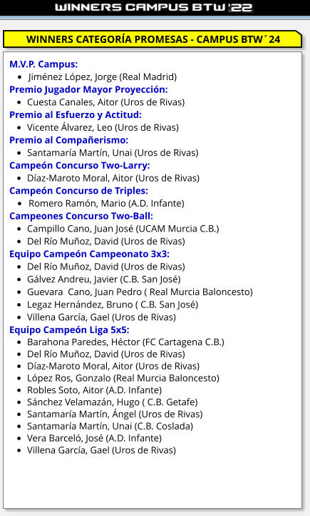 M.V.P. Campus: •	Jiménez López, Jorge (Real Madrid) Premio Jugador Mayor Proyección: •	Cuesta Canales, Aitor (Uros de Rivas) Premio al Esfuerzo y Actitud: •	Vicente Álvarez, Leo (Uros de Rivas) Premio al Compañerismo: •	Santamaría Martín, Unai (Uros de Rivas) Campeón Concurso Two-Larry:  •	Díaz-Maroto Moral, Aitor (Uros de Rivas) Campeón Concurso de Triples: •	Romero Ramón, Mario (A.D. Infante) Campeones Concurso Two-Ball: •	Campillo Cano, Juan José (UCAM Murcia C.B.) •	Del Río Muñoz, David (Uros de Rivas) Equipo Campeón Campeonato 3x3: •	Del Río Muñoz, David (Uros de Rivas) •	Gálvez Andreu, Javier (C.B. San José) •	Guevara  Cano, Juan Pedro ( Real Murcia Baloncesto) •	Legaz Hernández, Bruno ( C.B. San José) •	Villena García, Gael (Uros de Rivas) Equipo Campeón Liga 5x5: •	Barahona Paredes, Héctor (FC Cartagena C.B.) •	Del Río Muñoz, David (Uros de Rivas) •	Díaz-Maroto Moral, Aitor (Uros de Rivas) •	López Ros, Gonzalo (Real Murcia Baloncesto) •	Robles Soto, Aitor (A.D. Infante) •	Sánchez Velamazán, Hugo ( C.B. Getafe) •	Santamaría Martín, Ángel (Uros de Rivas) •	Santamaría Martín, Unai (C.B. Coslada) •	Vera Barceló, José (A.D. Infante) •	Villena García, Gael (Uros de Rivas)   WINNERS CATEGORÍA PROMESAS - CAMPUS BTW´24