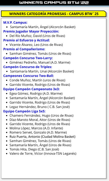 M.V.P. Campus: •	Santamaría Martín, Ángel (Alcorcón Basket) Premio Jugador Mayor Proyección: •	Del Río Muñoz, David (Uros de Rivas) Premio al Esfuerzo y Actitud: •	Vicente Álvarez, Leo (Uros de Rivas) Premio al Compañerismo: •	Samhan Giménez, Tomás (Uros de Rivas) Campeón Concurso Two-Larry:  •	Giménez Pedreño, Manuel (A.D. Marme) Campeón Concurso de Triples: •	Santamaría Martín, Unai (Alcorcón Basket) Campeones Concurso Two-Ball: •	Conde Muñoz, Martín (uros de Rivas) •	Garrido Vicente, Rodrigo (Uros de Rivas) Equipo Campeón Campeonato 3x3: •	Egea Gómez, Rodrigo (A.D. Marme) •	Santamaría Martín, Ángel (Alcorcón Basket) •	Garrido Vicente, Rodrigo (Uros de Rivas) •	Legaz Hernández, Bruno ( C.B. San José) Equipo Campeón Liga 5x5: •	Chamero Fernández, Hugo (Uros de Rivas) •	Díaz-Maroto Moral, Aitor (Uros de Rivas) •	Garrido Vicente, Rodrigo (Uros de Rivas) •	Molina López, Marcos (A.D. Infante) •	Romero Servet, Gonzalo (A.D. Marme) •	Ruiz Puerta, Antonio (Ciudad Molina Basket) •	Samhan Giménez, Tomás (Uros de Rivas) •	Santamaría Martín, Ángel (Uros de Rivas) •	Tomás Hita, Diego (C.B. San José) •	Valero de Torre, Víctor (Innova-TSN Leganés)   WINNERS CATEGORÍA PROMESAS - CAMPUS BTW´25